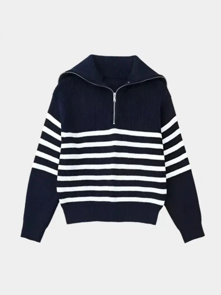 Knitted Sweater with Zipper and Stripes - Alder & Voss